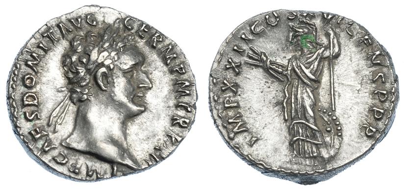 2209   -  IMPERIO ROMANO. DOMICIANO. Denario. Roma (92-93). A/ Cabeza laureada a der.; IMP CAES DOMIT AVG GERM P M TR P XII. R/ Minerva a izq. Con haz de rayos, lanza y escudo a sus pies a izq.; IMP XXII COS XVI CENS P P P. AR 3,27 g. 17,8 mm. RIC-741. EBC-.