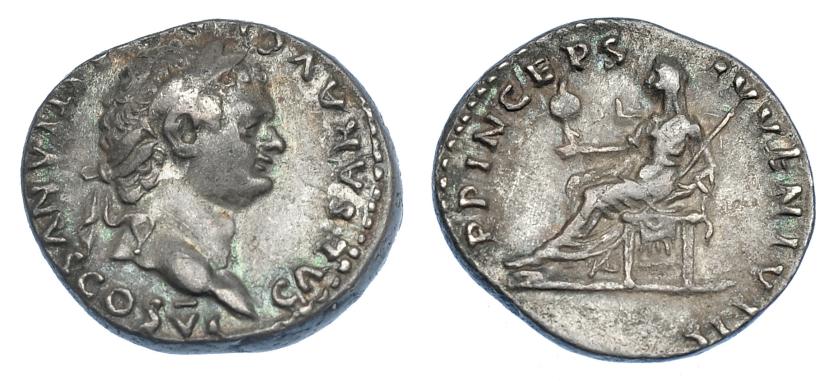 2211   -  IMPERIO ROMANO. DOMICIANO. Denario. Roma (79 d.C.). A/ Cabeza laureada a der.; CAESAR AVG F DOMITIANVS COS VI. R/ Vesta sentada a izq. con palladium y cetro; PRINCEPS IVVENTVTIS. AR 3,42 g. 16,7 mm. RIC-1087. Ligera pátina. MBC.