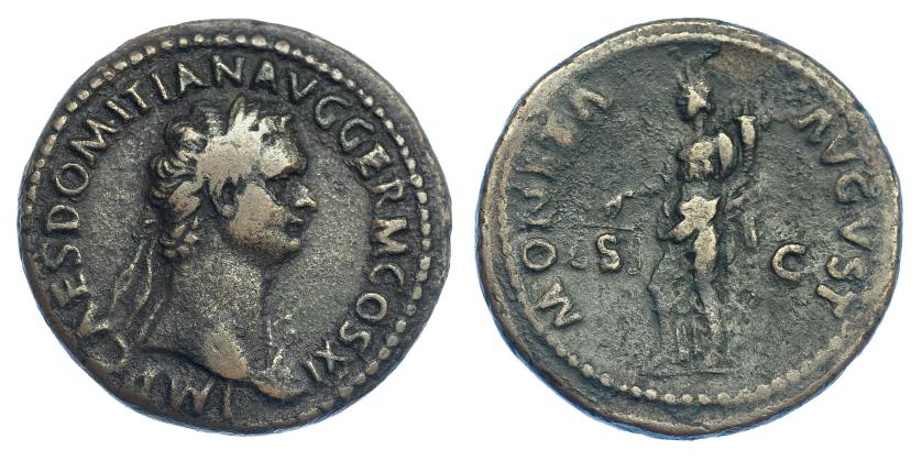 2214   -  IMPERIO ROMANO. DOMICIANO. As. Roma (85 d.C.). A/ Busto laureado a der., IMP CAES DOMITIAN AVG GERM COS XI. R/ Moneta a izq. Con balanza y cornucopia; MONETA AVGVST, SC. AE 9,69 g. 219,1 mm. RIC-303. MBC-.