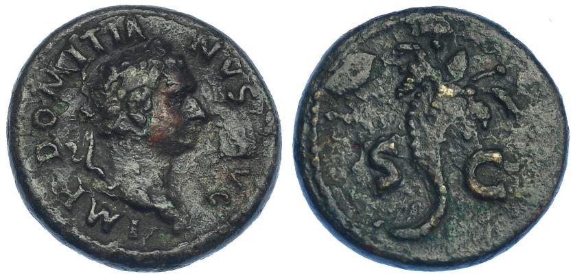 2215   -  IMPERIO ROMANO. DOMICIANO. Semis. Roma (81-82). A/ Busto laureado a der.; IMP DOMITIANVS AVG. R/ Cornucopia, SC. AE 5,32 g. 19 mm. RIC-122. Pátina oscura rugosa. MBC-. Rara.