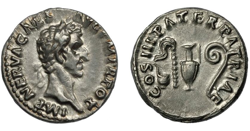 2220   -  IMPERIO ROMANO. NERVA. Denario. Roma (97 d. C.). A/ Cabeza laureada a der.; IMP NERVA CAES AVG P M TR POT. R/ Instrumentos pontificales; COS III PATER PATRIAE. AR 3,39 g. 16,8 mm. RIC-24. EBC-. Escasa. 