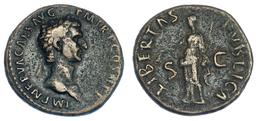 2222   -  IMPERIO ROMANO. NERVA. As. Roma (97). A/ Cabeza laureada a der.; IMP NERVA CAES AVG P M TR P COS III P P. R/ Libertas a izq. con pileus y cetro; LIBERTAS PVBLICA, S-C. AE 10,46 g. 28 mm. RIC-86. Pátina oscura. MBC/MBC-.