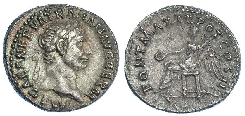 2223   -  IMPERIO ROMANO. TRAJANO. Denario. Roma (98-99). A/ Cabeza laureada a der.; IMP CAES NERVA TRAIAN AVG GERM. R/ Victoria sentada a izq. con pátera y palma; PONT MAX TR POT COS II. AR 3,29 g. 17,5 mm. RIC-22. EBC-/MBC+. 