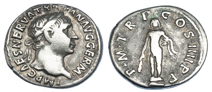 2224   -  IMPERIO ROMANO. TRAJANO. Denario. Roma (101-102). R/ Hércules con clava y piel de leonté; P M TR P COS IIII P P. AR 3,15 g. 18,5 MM. RIC-49. MBC-.