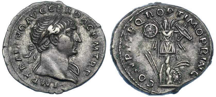 2228   -  IMPERIO ROMANO. TRAJANO. Denario. Roma (103-111). A/ Busto laureado a der. Con manto sobre el hombro izq.; IMP TRAIANO AVG GER DAC P M TR P. R/ Trofeo de armas de Dacia; SPQR OPTIMO PRINC. AR 3,49 g. 19,9 mm. RIC-147. Pátina gris. MBC+.