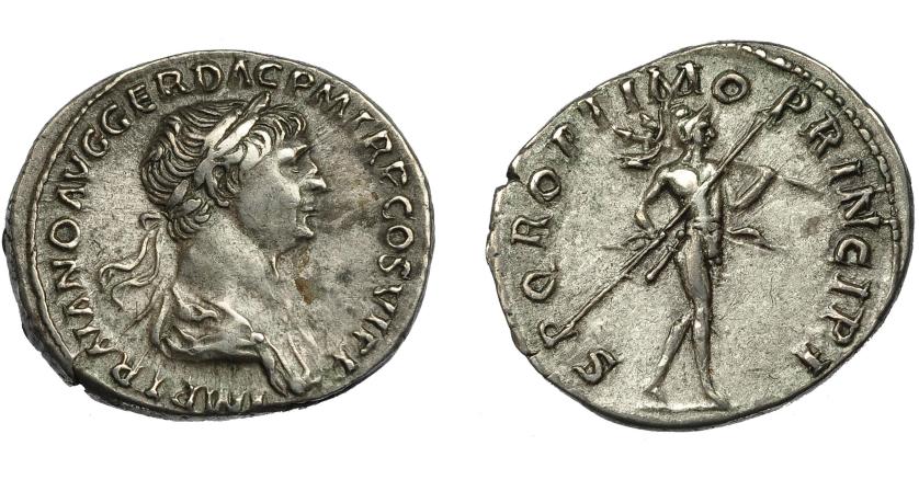 2229   -  IMPERIO ROMANO. TRAJANO. Denario. Roma (112-114). R/ Marte avanzando a der. con lanza y trofeo; SPQR OPTIMO PRINCIPI. AR 3,49 g. 20,6 mm. RIC-269. MBC.