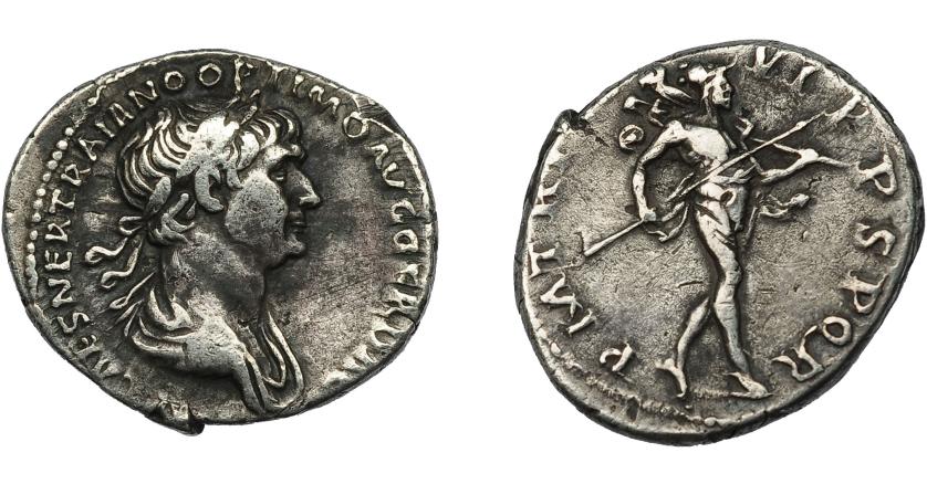 2230   -  IMPERIO ROMANO. TRAJANO. Denario. roma (114-117). R/ Marte avanzando a der. con lanza y trofeo; P M TR P (COS) VI P P SPQR. AR 3,17 g. 18,4 mm. RIC-338. MBC.