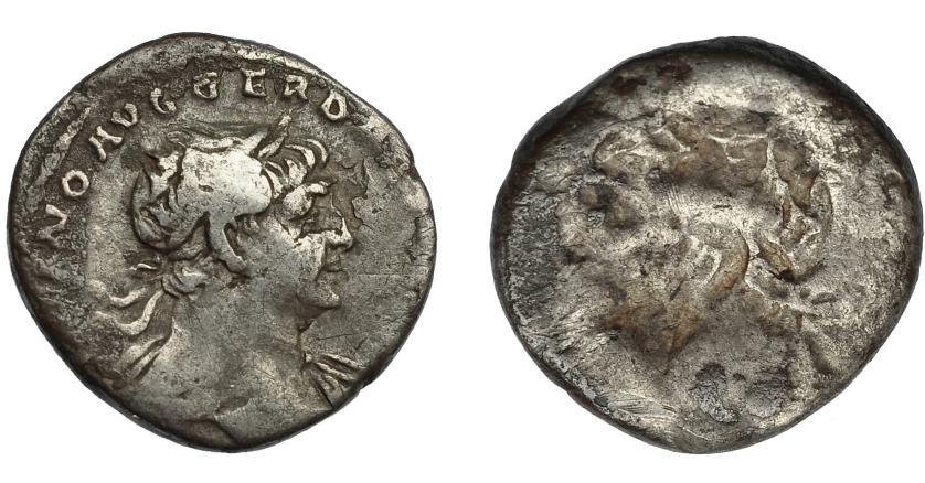 2232   -  IMPERIO ROMANO. TRAJANO. Denario. Roma (98-117). A/ Busto a der. laureado y drapeado sobre el hombro izq. R/ Incuso. BC+.