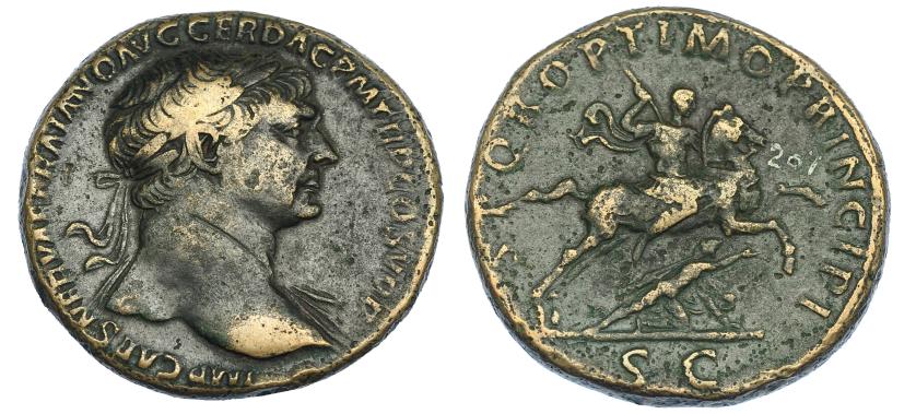 2233   -  IMPERIO ROMANO. TRAJANO. Sestercio. Roma (107-110). A/ Busto laureado a der. Con manto sobre el hombro izq.; IMP CAES NERVAE TRAIANO AVG GER DAC P M TR P COS V P P. R/ Trajano a caballo a der., a sus pies dacio caído; SPQR OPTIMO PRINCIPI, exergo SC. AE 25,04 g. 32,2 mm. RIC-543. Pequeñas erosiones. MBC-.