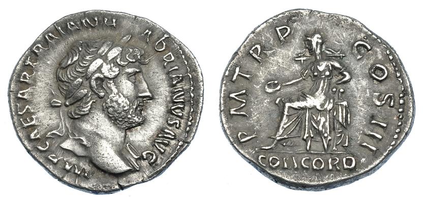 2240   -  IMPERIO ROMANO. ADRIANO. Denario. Roma (121-123). R/ Concordia sentada a izq.; P M TR P COS III, exergo CONCORD. AR 3,31 g. 18,8 mm. RIC-550. MBC+.