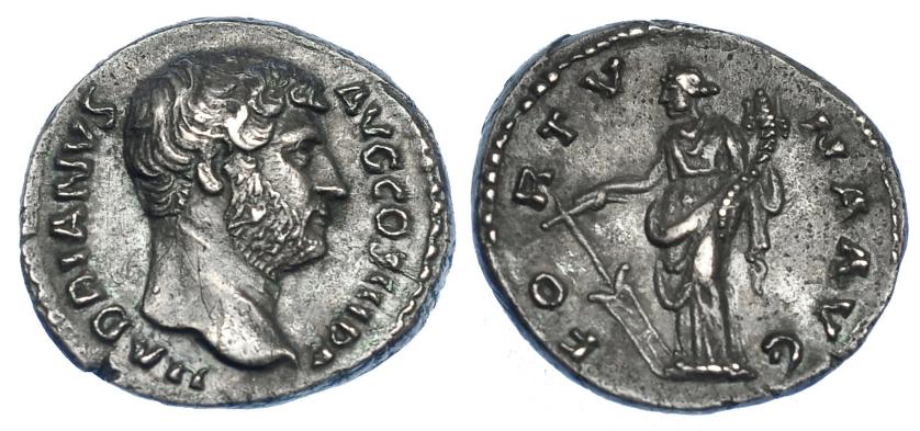 2242   -  IMPERIO ROMANO. ADRIANO. Denario. Roma (134-138). A/ Cabeza laureada a der. R/ Fortuna a izq. con timón y cornucopia; FORTVNA AVG. AR 3,74 g. 17,5 mm. RIC-244. Rayita. Ligera pátina. MBC+/EBC-.