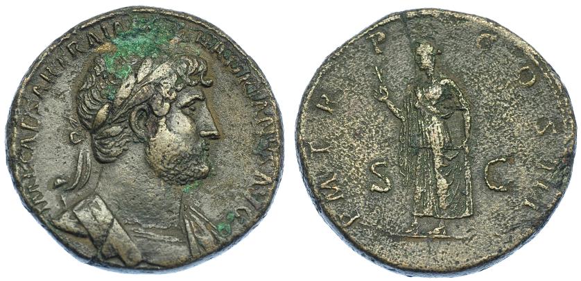 2246   -  IMPERIO ROMANO. ADRIANO. Sestercio. Roma (122-125). A/ Busto a der. laureado, con coraza y drapeado sobre el hombro izq.; IMP CAESAR TRAIAN HADRIANVS AVG. R/ Spes a izq. con flor y sujetándose el vestido; P M TR P COS III, SC. AE 26,9 g. 33,7 mm. RIC-680. Oxidación en anv. Porosidades. MBC.