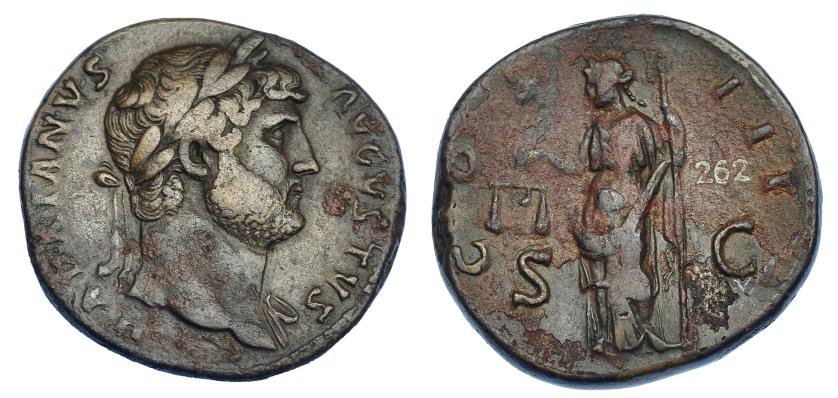 2247   -  IMPERIO ROMANO. ADRIANO. Sestercio. Roma (125-128). A/ Busto laureado a der. Con manto sobre el hombro izq.; HADRIANVS AVGVSTVS. R/ Aequitas a izq. Con balanza y cetro; COS III, SC. AE 23,86 g. 32,9 mm. RIC-834. Concreciones. MBC/MBC-.