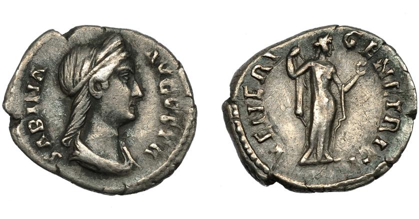 2251   -  IMPERIO ROMANO. SABINA. Denario. Roma (117-128). R/ Venus a izq. con manzana;  VENERI GENETRICI. AR 2,54 g. 17,3 mm. RIC-2576. MBC.