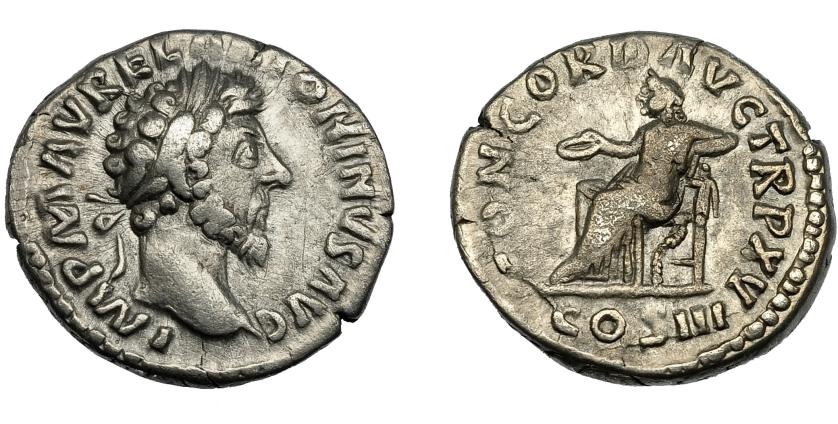 2256   -  IMPERIO ROMANO. MARCO AURELIO. Denario. Roma (161). R/ Concordia sentada a izq. con pátera y apoyada en Spes; CONCORDIA AVG TR P XV, en exergo COS III. AR 3,2 g. 17,1 mm. RIC-1. MBC-.