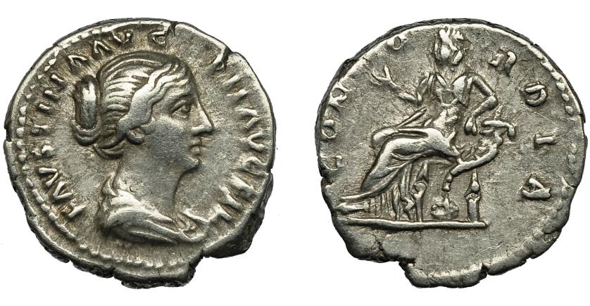 2258   -  IMPERIO ROMANO. FAUSTINA LA MENOR. Denario. Roma (160-161). R/ Concordia sentada a izq. con flor y apoyada en cornucopia; CONCORDIA. AR 3,31 g. 18,4 mm. RIC-502 a. MBC.