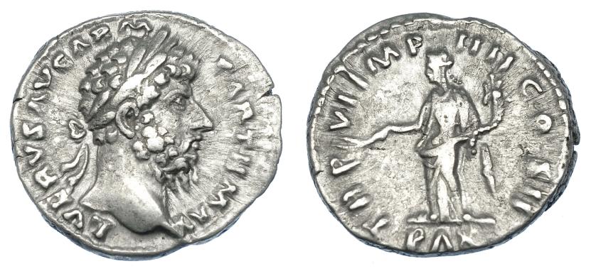 2260   -  IMPERIO ROMANO. LUCIO VERO. Denario. Roma (161-162). R/ Pax a iz. con rama de olivo y cornucopia; TR P VI IMP IIII COS II/ PAX. AR 3,27 G. 18,4 mm. RIC-561. MBC/MBC-.