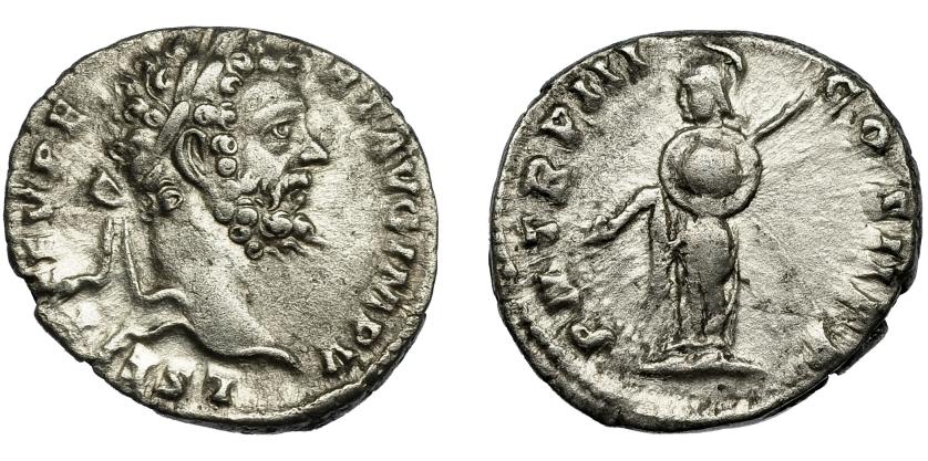 2264   -  IMPERIO ROMANO. SEPTIMIO SEVERO. Denario. Roma (194-195). R/ Minerva a izq. con lanza y escudo; P M TR P III COS II P P. AR 2,79 g. 18,3 mm. RIC-68. MBC.