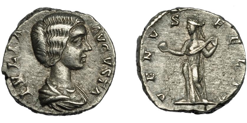 2269   -  IMPERIO ROMANO. JULIA DOMNA. Laodicea ad Mare (196-202). R/ Venus a izq. con manzana y cetro; VENVS FELIX. AR 3,47 g. 16,8 mm. RIC-646. MBC+.