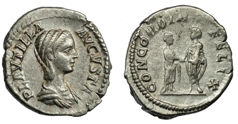 2276   -  IMPERIO ROMANO. PLAUTILA (esposa de Caracalla). Denario. Roma (202-205). R/ Caracalla dando la mano a Plautila; CONCORDIA FELIX. AR 3,47 g. 18,9 mm. MBC+/MBC-.