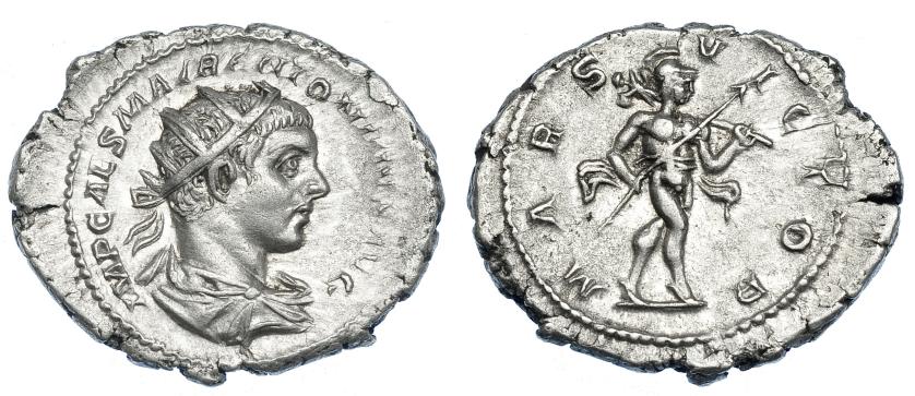 2280   -  IMPERIO ROMANO. HELIOGÁBALO. Antoniniano. Roma (219). R/ Marte avanzando a der. con lanza y trofeo; MARS VICTOR. AR 4,93 g. 25,8 mm. RIC-122. Acuñación floja en parte de la ley. de  anv. MBC+.