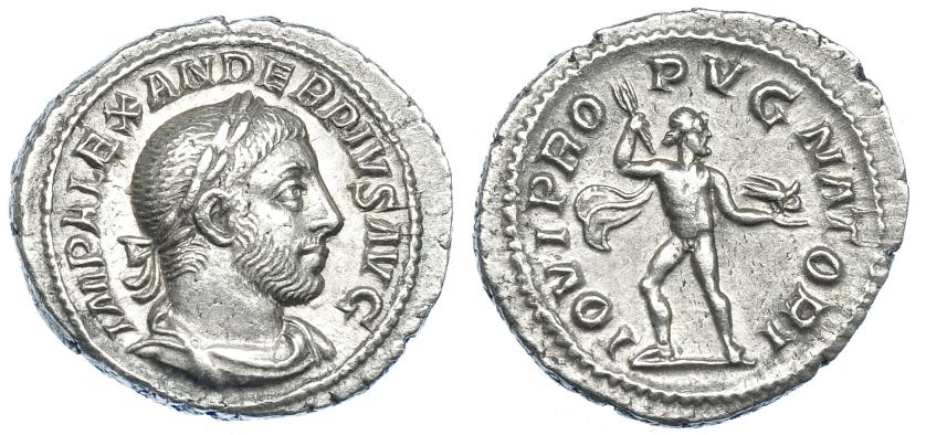 2282   -  IMPERIO ROMANO. ALEJANDRO SEVERO. Denario. Roma (233-235). R/ Júpiter lanzando haz de rayos; IOVI PROPVGNATORIA. AR 3,59 g. 20,9 mm. RIC-201. MBC+-