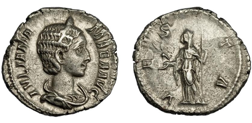 2284   -  IMPERIO ROMANO. JULIA MAMEA. Denario. Roma (222). R/ Vesta mirando a izq. con palladium y cetro; VESTA. AR 3,34 g. 20,1 mm. RIC-360. MBC+.
