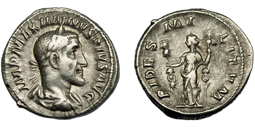 2286   -  IMPERIO ROMANO. Denario. Roma (235-236). R/ Fides mirando a izq. con dos estandartes; FIDES MILITVM. AR 3,64 g. 19,1 mm. RIC-7a. MBC.