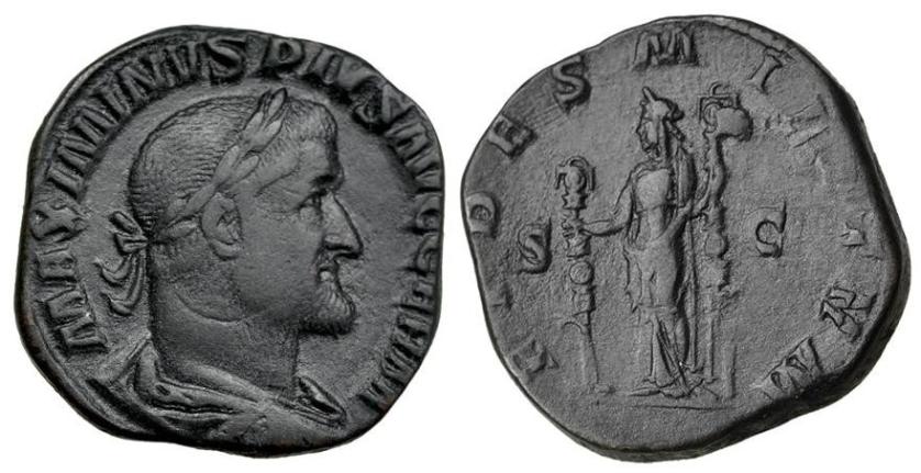 2289 - IMPERIO ROMANO. MAXIMINO I. Sestercio. Roma (236238). R/ Fidelitas a izq. con dos estandartes; FIDES MILITVM, SC. AE 21,09 g. 29,6 mm. RIC-78. MBC/MBC-.