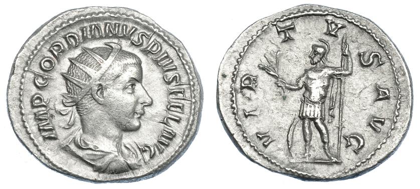 2292   -  IMPERIO ROMANO. GORDIANO III. Antoniniano. Roma (239). R/ Virtus; VIRTVS AVG. AR 3,83g. 22,9 mm. RIC-39. MBC+/MBC.