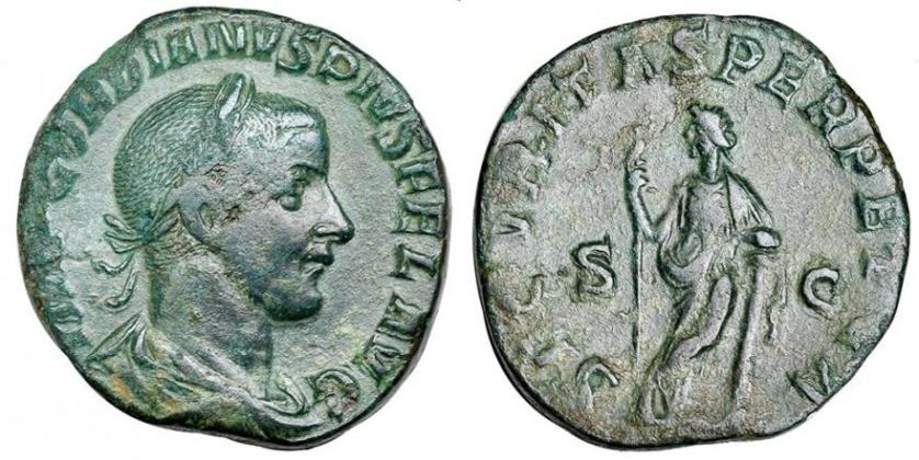 2294   -  IMPERIO ROMANO. GORDIANO III. Sestercio. Roma (238-244). R/ Securitas de pie con cetro y apoyada sobre columna. RIC-336. Pátina verde. MBC.