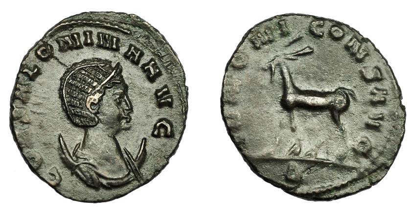 2300   -  IMPERIO ROMANO. SALONINA. Antoniniano. Roma (267-268). R/ Antílope a izq.; IVNONI CONS AVG, exergo delta. VE 3 g. 21,3 mm. Pátina oscura. MBC+/MBC.