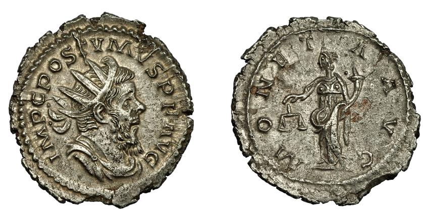 2301   -  IMPERIO ROMANO. PÓSTUMO. Antoniniano. Lugdunum (260-269). R/ Moneta a izq. con balanza y cornucopia; MONETA AVG. VE 3,23 g. 23,5 mm. RIC-75. EBC-.