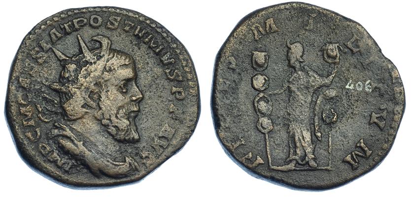 2302 - IMPERIO ROMANO. PÓSTUMO. Sestercio. Colonia (266-267). A/ Busto radiado, drapeado y con coraza a der.; IMP C M CASS LAT POSTVMVS P F AVG. R/Fides mirando a der. Con dos estandartes; FIDES MILITVM. AE 18,60 g. 31,8 mm. RIC-123.MBC-/BC+.