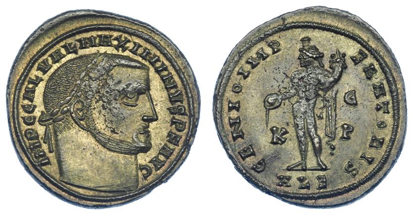 2311 - IMPERIO ROMANO. MAXIMINO II. Follis. Alejandría (308-310). R/ GENIO IMPERATORIS, en campo K-EP/HLE. AE 6,04 g. 26,2 mm. RIC-107c. Defectos de cospel. P.O. EBC-.