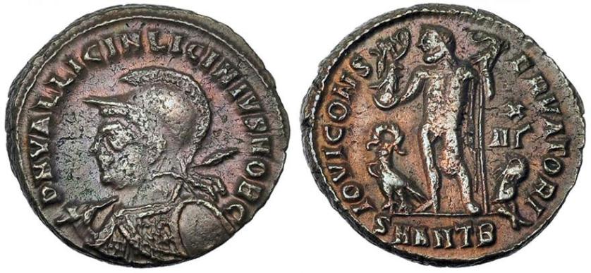 2314 - IMPERIO ROMANO. LICINIO II. Follis. Antioquía (321-323). R/ IOVI CONSERVATORI, marca XII gamma, exergo SMANTB. AE 3,18 g. 19,1 mm. RIC-36. Porosidades. MBC.