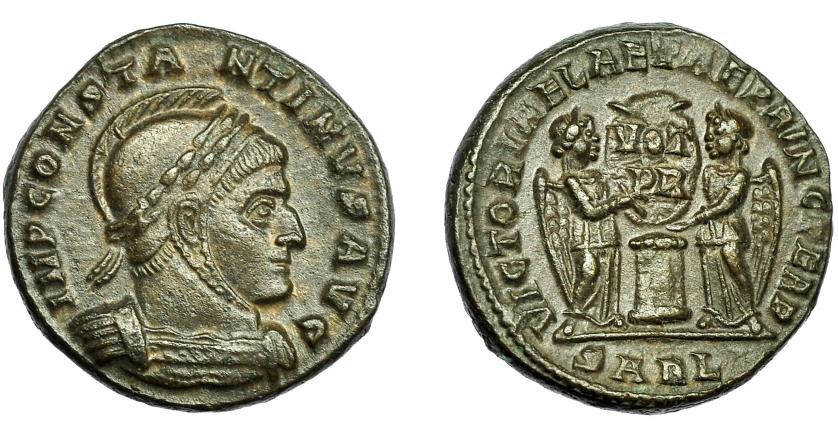 2315   -  IMPERIO ROMANO. CONSTANTINO II. Follis. Arelate (319). R/ Dos Victorias sosteniendo escudo con ley. VOT PR, exergo SARL. AE 3,52 g. 17,1 mm. RIC-191. EBC-.