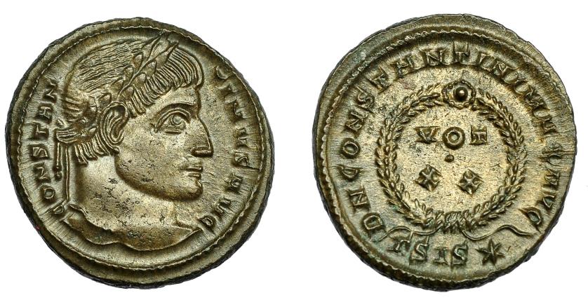 2316   -  IMPERIO ROMANO. CONSTANTINO I. Follis. Siscia (320-321). R/ Corona de laurel rodeando VOT/XX, exergo gamma SIS estrella- AE 3,60 g. 19,4 mm. RIC-159. EBC.