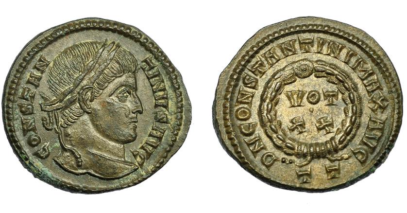2320   -  IMPERIO ROMANO. CONSTANTINO I. Follis. Ticinum (320-321). R/ Corona de laurel rodeando VOT/XX, exergo TT. AE 3,27 g. 19,36 mm. RIC-140. EBC+.