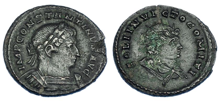 2321   -  IMPERIO ROMANO. CONSTANTINO I. Follis. Treveris (310-313). R/ Busto radiado y drapeado del Sol a der.; SOLI INVICTO COMITI. AE 4,34 g. 23,6 mm. RIC-890. Finas grietas. Concreción en rev. MBC.