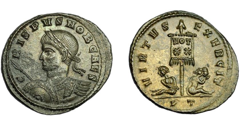 2322   -  IMPERIO ROMANO. CRISPO. Follis. Ticinum (326). R/ Estandarte con ley. VOT XX entre dos cautivos; VRTVS EXERCIT, exergo PT. AE 3,39 g. 20 mm. RIC-117. Leves erosiones en anv. EBC/EBC+.