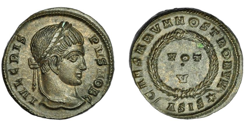 2323   -  IMPERIO ROMANO. CRISPO. Follis. Siscia (321-324). R/ Corona de laurel rodeando VOT/V, exergo delta SIS estrella. AE 3,02 g. 18,6 mm. RIC-161. EBC.