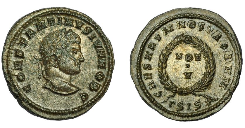 2325   -  IMPERIO ROMANO. CONSTANTINO II. Follis. Siscia (321-324). R/ Corona de laurel rodeando VOT/V, exergo gamma SIS, estrella. AE 3,64 g. 19,7 mm. RIC-163. Leves erosiones en anv. EBC.