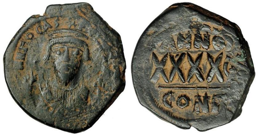 2328   -  IMPERIO BIZANTINO. Focas. Follis. Constantinopla gamma. Año 6 (608-609). AE 12,68 g. 30 mm. DOC-31b. BC-/MBC-. 