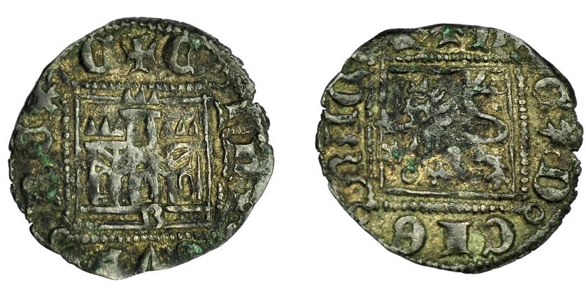 2378   -  REINO DE CASTILLA Y LEÓN. ENRIQUE II. Novén. Burgos. A/ +E/NRI/CUS/ REX/ C. R/ +R/EX D/EI G/RAC/I. VE 0,82 g. 17,5 mm. III 494 vte. BMM-679.1 vte. MBC. Escasa.