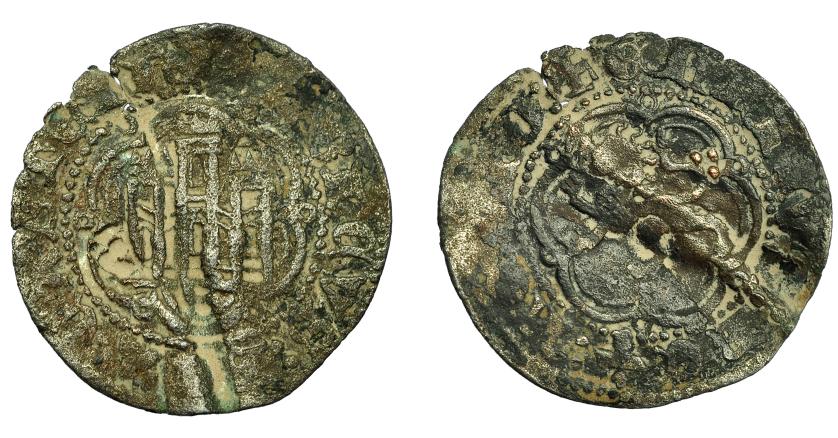 2386 - REINO DE CASTILLA Y LEÓN. ENRIQUE III. Blanca. Sevilla? con resello de tres puntos en triángulo detrás de la cola del león. VE 1,49 g. 24,3 mm. III-602. BMM-767. Alabeada. BC+.