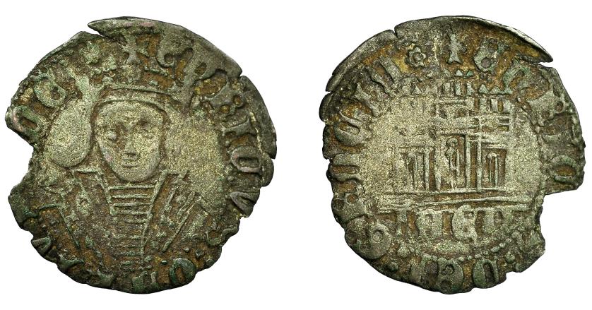 2400 - REINO DE CASTILLA Y LEÓN. ENRIQUE IV. 1/2 cuartillo. Jaén. VE 1,24 g. 22,2 mm. III-775. BMM-1046. Faltan fragmentos de los bordes. BC+-.