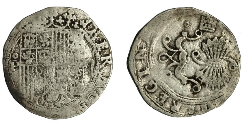 2437   -  REYES CATÓLICOS. 2 reales. Segovia. P. Pº-II en anv. AR 5,42 g. 26,1 mm. AC-507. BC/BC+. Muy escasa.