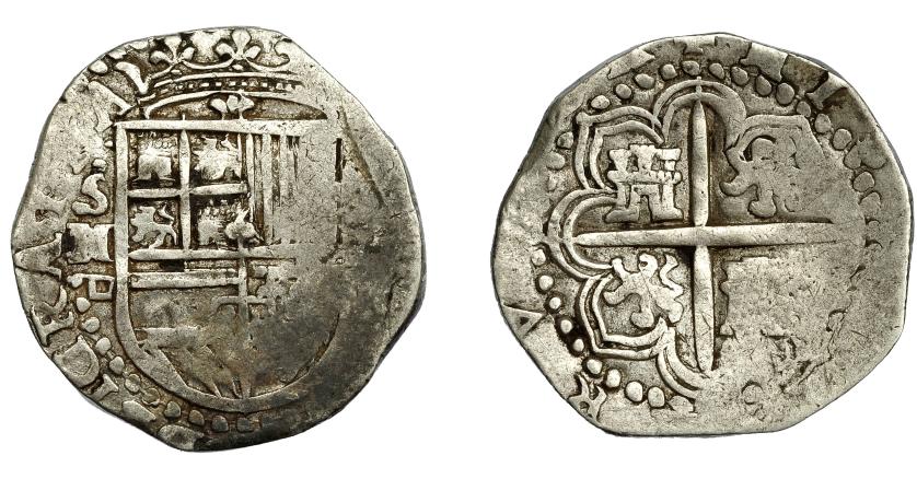 2467   -  FELIPE II. 2 reales. Sevilla. Fecha no visible. S II. Marca de ensayador Melchor Damián a izq. del escudo. AC-407-411. Vanos. BC+.