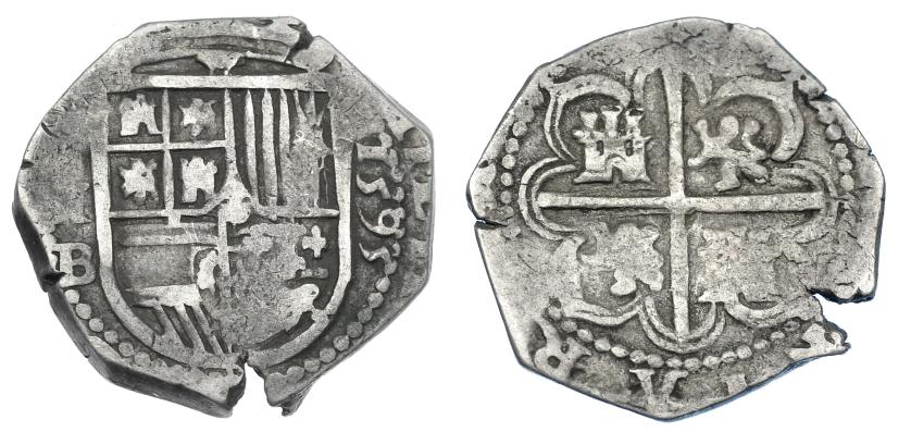 2468   -  FELIPE II. 2 reales. 1595. Sevilla. B. AC-421. Cospel abierto. MBC-/BC+.